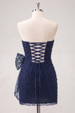 Azul-marinho sem alças, renda apertada nas costas, vestido curto de finalistas com laço