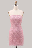 Vestido curto de finalistas cor-de-rosa cor-de-rosa, renda justa, renda nas costas