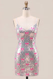 Vestido de Homecoming com alças finas cor-de-rosa brilhantes, lantejoulas, bodycon com laço