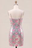Vestido de Homecoming com alças finas cor-de-rosa brilhantes, lantejoulas, bodycon com laço