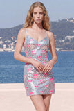 Vestido de Homecoming com alças finas cor-de-rosa brilhantes, lantejoulas, bodycon com laço