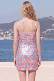 Vestido de Homecoming com alças finas cor-de-rosa brilhantes, lantejoulas, bodycon com laço