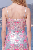 Vestido de Homecoming com alças finas cor-de-rosa brilhantes, lantejoulas, bodycon com laço