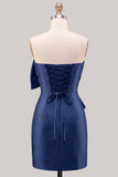 Vestido de regresso a casa justo, cetim azul sem alças, apertado e laço