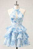 Vestido de Finalistas de Finalistas com decote em chiffon com decote em A-Line Flor Azul