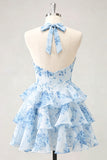 Vestido de Finalistas de Finalistas com decote em chiffon com decote em A-Line Flor Azul