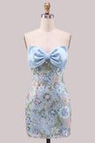 Bodycon azul claro Corset sem alças com lantejoulas, renda nas costas, vestido de regresso a casa com laço