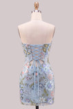 Bodycon azul claro Corset sem alças com lantejoulas, renda nas costas, vestido de regresso a casa com laço
