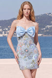 Bodycon azul claro Corset sem alças com lantejoulas, renda nas costas, vestido de regresso a casa com laço