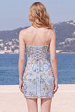 Bodycon azul claro Corset sem alças com lantejoulas, renda nas costas, vestido de regresso a casa com laço