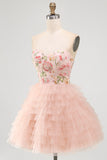 Vestido de Finalistas Rosa Linha A em camadas florais com lantejoulas, vestido de regresso a casa