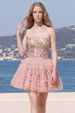 Vestido de Finalistas Rosa Linha A em camadas florais com lantejoulas, vestido de regresso a casa
