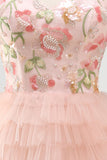 Vestido de Finalistas Rosa Linha A em camadas florais com lantejoulas, vestido de regresso a casa