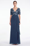 Vestido de Mãe da Noiva, Vestido Longo de Mãe da Noiva Floral de Sereia Floral, Decote em V, Decote em V,