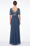 Vestido de Mãe da Noiva, Vestido Longo de Mãe da Noiva Floral de Sereia Floral, Decote em V, Decote em V,