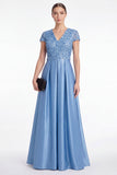 Vestido longo de mãe da noiva, vestido de mãe da noiva azul decote em V com decote em V e decote em V