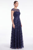 Vestido longo de mãe da noiva com decote redondo azul-marinho A-Line com mangas curtas