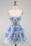 Espartilho transparente sem alças Flor Branco Azul Vestido Curto de Regresso a Casa em Linha A com Renda nas Costas