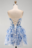 Espartilho transparente sem alças Flor Branco Azul Vestido Curto de Regresso a Casa em Linha A com Renda nas Costas