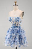Espartilho transparente sem alças Flor Branco Azul Vestido Curto de Regresso a Casa em Linha A com Renda nas Costas