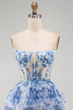 Espartilho transparente sem alças Flor Branco Azul Vestido Curto de Regresso a Casa em Linha A com Renda nas Costas