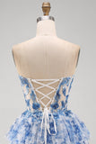 Espartilho transparente sem alças Flor Branco Azul Vestido Curto de Regresso a Casa em Linha A com Renda nas Costas