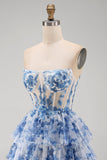 Espartilho transparente sem alças Flor Branco Azul Vestido Curto de Regresso a Casa em Linha A com Renda nas Costas
