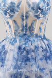 Espartilho transparente sem alças Flor Branco Azul Vestido Curto de Regresso a Casa em Linha A com Renda nas Costas