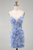 Bodycon azul com alças finas com rendas nas costas Vestido curto de regresso a casa com missangas