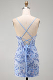 Bodycon azul com alças finas com rendas nas costas Vestido curto de regresso a casa com missangas