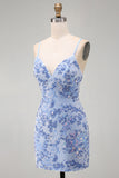 Bodycon azul com alças finas com rendas nas costas Vestido curto de regresso a casa com missangas