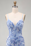 Bodycon azul com alças finas com rendas nas costas Vestido curto de regresso a casa com missangas