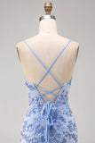 Bodycon azul com alças finas com rendas nas costas Vestido curto de regresso a casa com missangas
