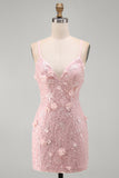 Vestido curto de regresso a casa com lantejoulas floral cor-de-rosa e alças finas, renda floral e alças finas