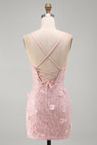 Vestido curto de regresso a casa com lantejoulas floral cor-de-rosa e alças finas, renda floral e alças finas