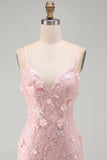 Vestido curto de regresso a casa com lantejoulas floral cor-de-rosa e alças finas, renda floral e alças finas