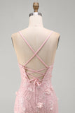 Vestido curto de regresso a casa com lantejoulas floral cor-de-rosa e alças finas, renda floral e alças finas