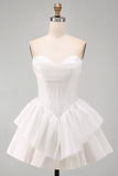 Sweetheart, Vestido Curto de Finalistas Branco Espartilho em Linha A