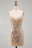 Vestido de Homecoming Bodycon com lantejoulas sem alças de champanhe com renda nas costas