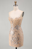 Vestido de Homecoming Bodycon com lantejoulas sem alças de champanhe com renda nas costas