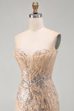 Vestido de Homecoming Bodycon com lantejoulas sem alças de champanhe com renda nas costas