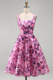 Vestido curto de regresso a casa, Corset Floral Fúcsia Floral com Folhos e Decote Quadrado