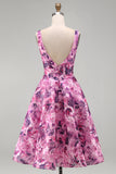 Vestido curto de regresso a casa, Corset Floral Fúcsia Floral com Folhos e Decote Quadrado