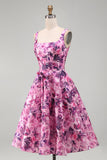Vestido curto de regresso a casa, Corset Floral Fúcsia Floral com Folhos e Decote Quadrado