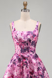Vestido curto de regresso a casa, Corset Floral Fúcsia Floral com Folhos e Decote Quadrado