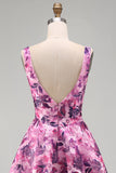 Vestido curto de regresso a casa, Corset Floral Fúcsia Floral com Folhos e Decote Quadrado