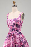 Vestido curto de regresso a casa, Corset Floral Fúcsia Floral com Folhos e Decote Quadrado
