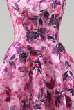 Vestido curto de regresso a casa, Corset Floral Fúcsia Floral com Folhos e Decote Quadrado