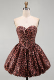 Vestido de Regresso ao Casamento Espartilho Leopardo Linha A com Bainha Bolha e Renda nas Costas