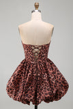 Vestido de Regresso ao Casamento Espartilho Leopardo Linha A com Bainha Bolha e Renda nas Costas